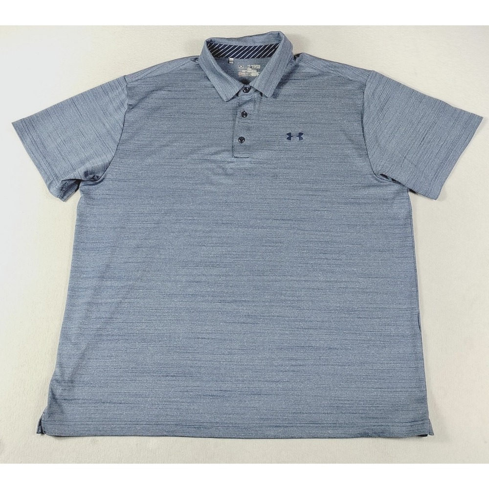 Under Armour Polo Shirt Mens 2XL Blue Stripe Loose HeatGear Golf Performance